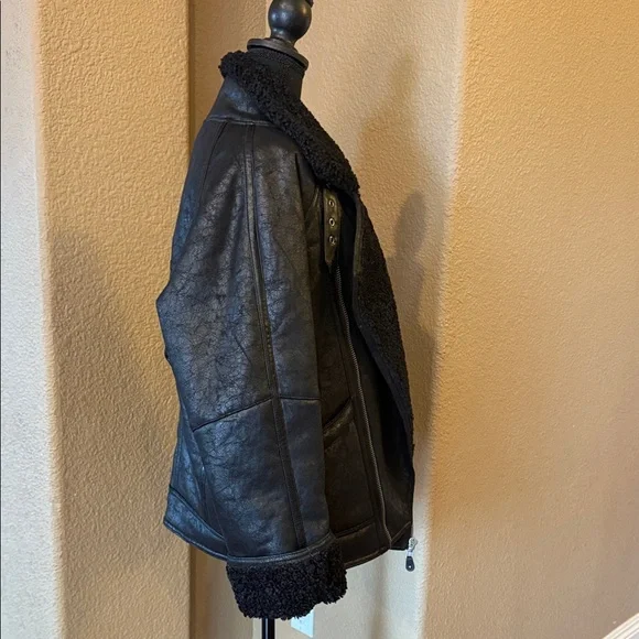 Black Faux Leather Jacket with Shearling Trim - Picture 2 of 5
